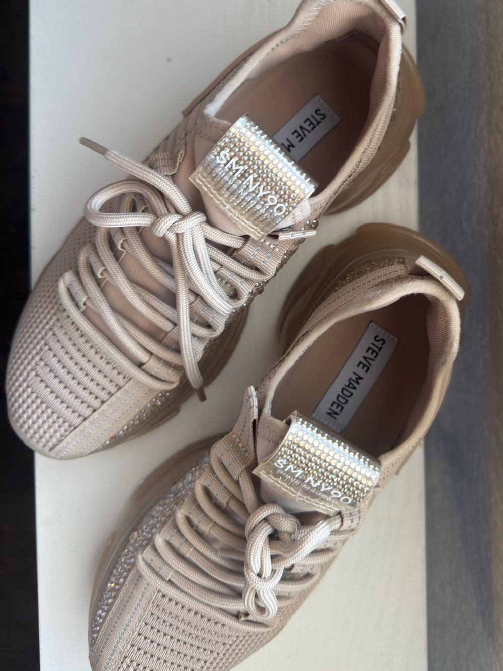 Steve Madden Beige Knit Sneakers with Rhinestone Tongue